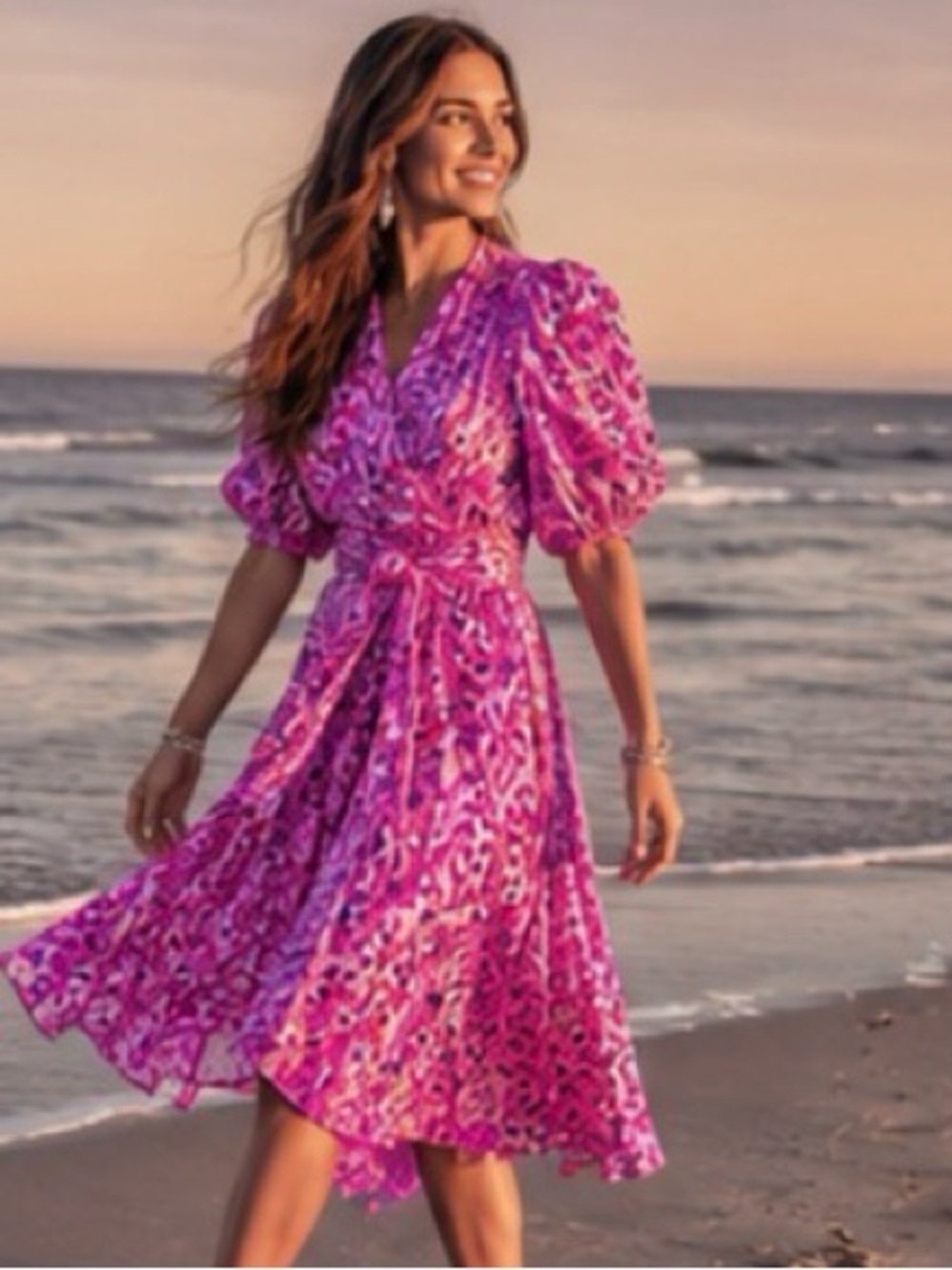 Lilly Pulitzer Juney Faux Wrap Midi Dress | Wild Fuchsia | Puff Sleeve | 6 - Picture 6 of 14